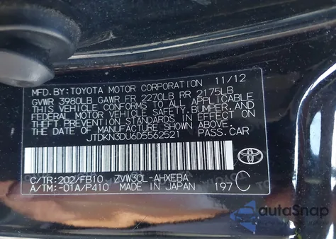 2013 Toyota Prius Two from USA, damaged, VIN JTDKN3DU6D5562521